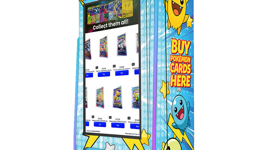 High-capacity VTM Slim Tower 2.0 Pokémon card vending machine stocked with wholesale booster packs