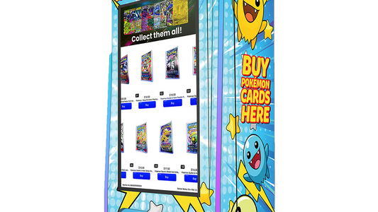 High-capacity VTM Slim Tower 2.0 Pokémon card vending machine stocked with wholesale booster packs