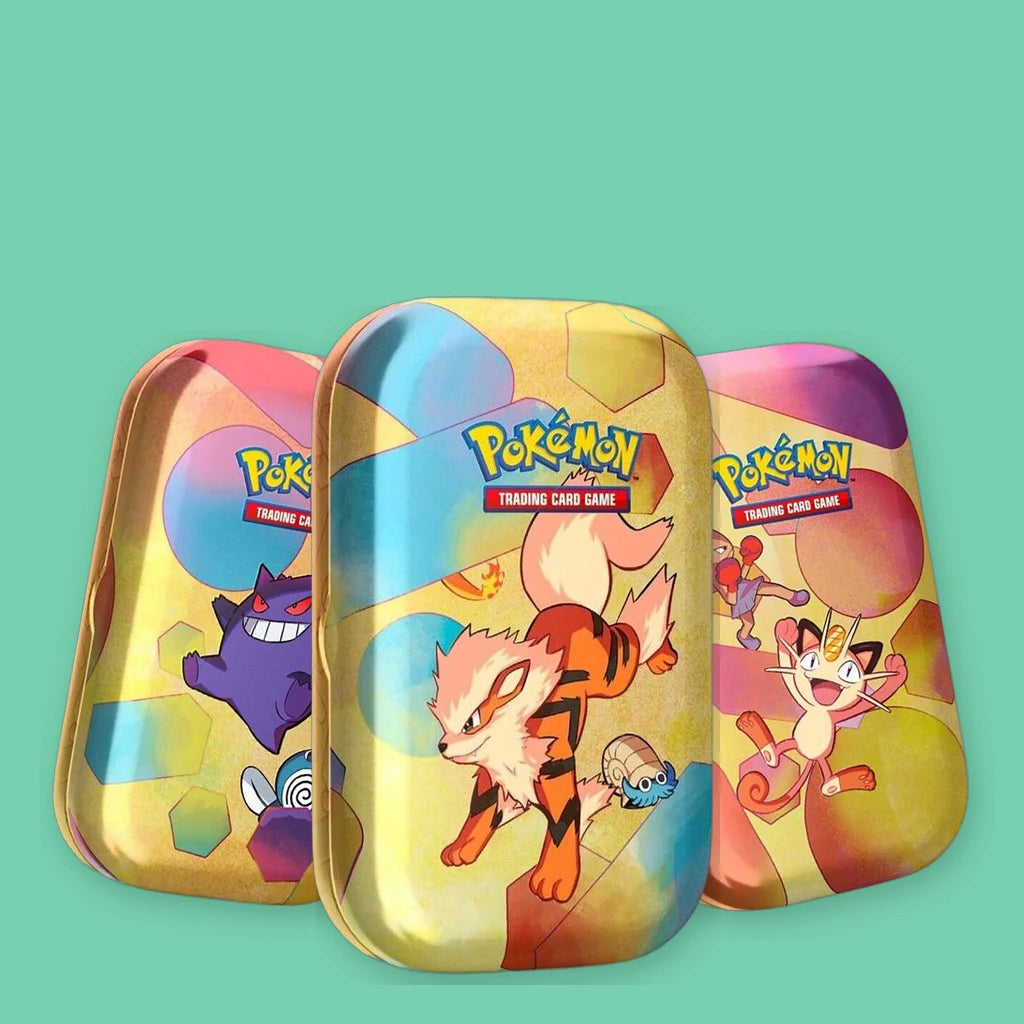 Pokémon Scarlet & Violet 151 Mini Tins, Gengar & Poliwag, Arcanine & Omanyte and Meowth & Hitmonchan designs, VTM Vending Wholesale