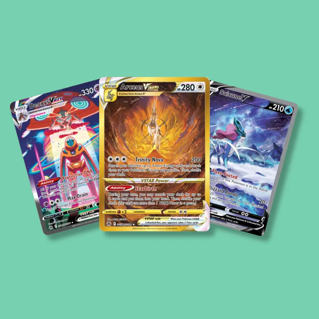 Pokémon Crown Zenith cards including Arceus VSTAR, Deoxys, and Suicune