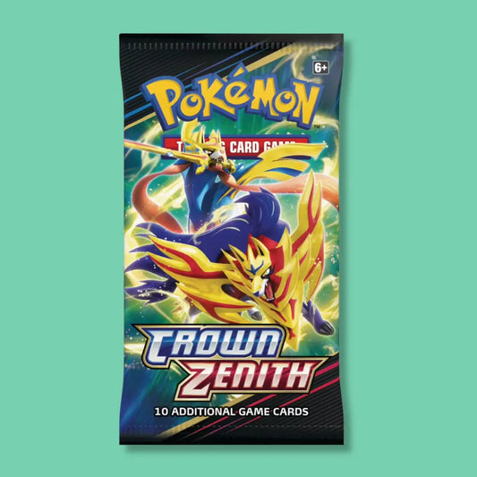 Pokémon Crown Zenith booster pack featuring Zacian and Zamazenta for VTM Vending machines