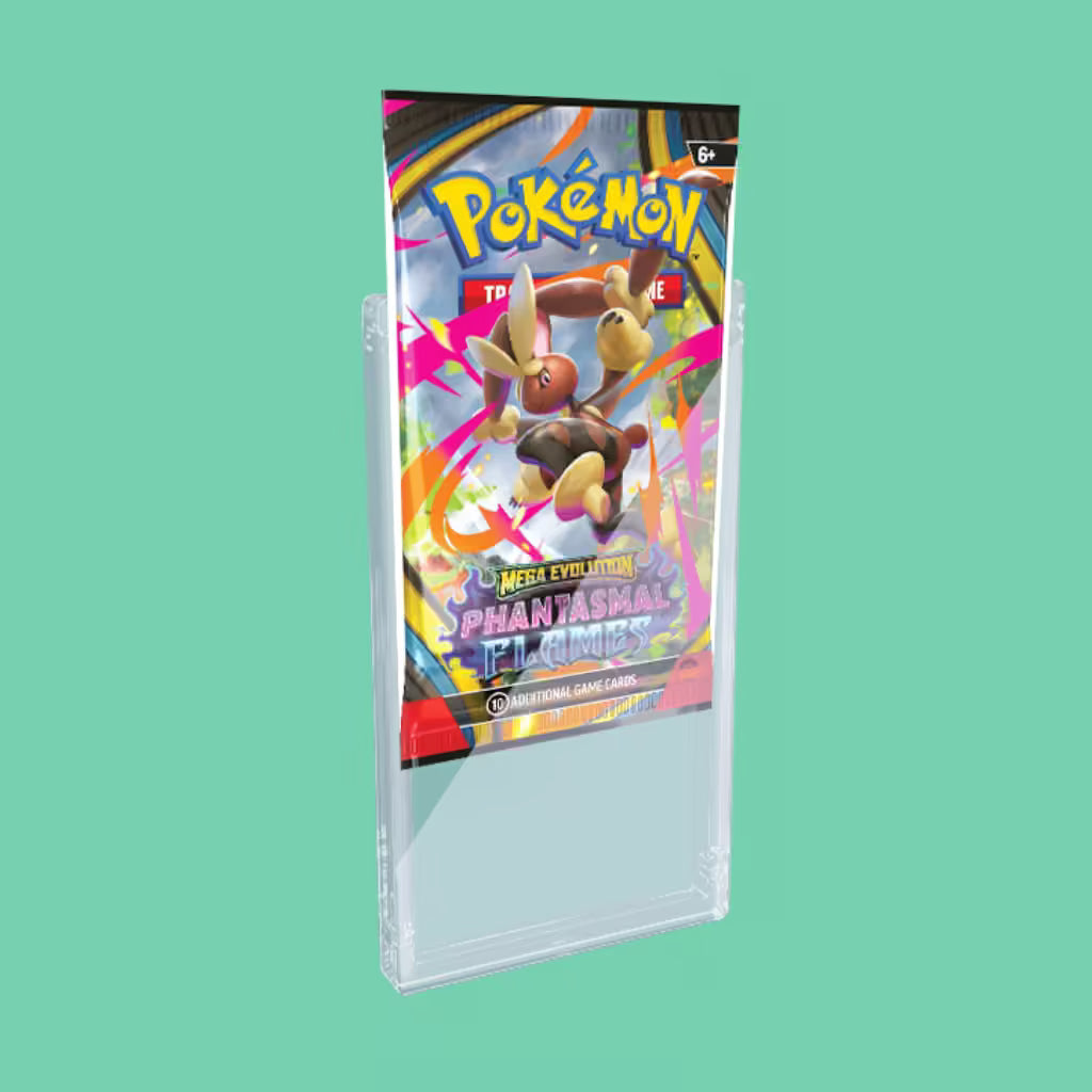 Pokémon booster pack in a clear Prilino top-loader case for trading card vending machines