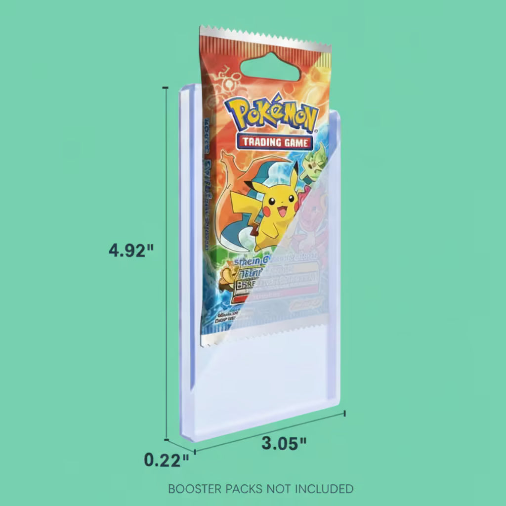 Prilino clear top-loader case for Pokémon booster packs, sized for VTM 22mm and 35mm coil trading card vending machines